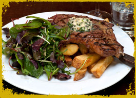 12oz Rib Eye, hand cut chips, mixed leaves & home made garlic butter.